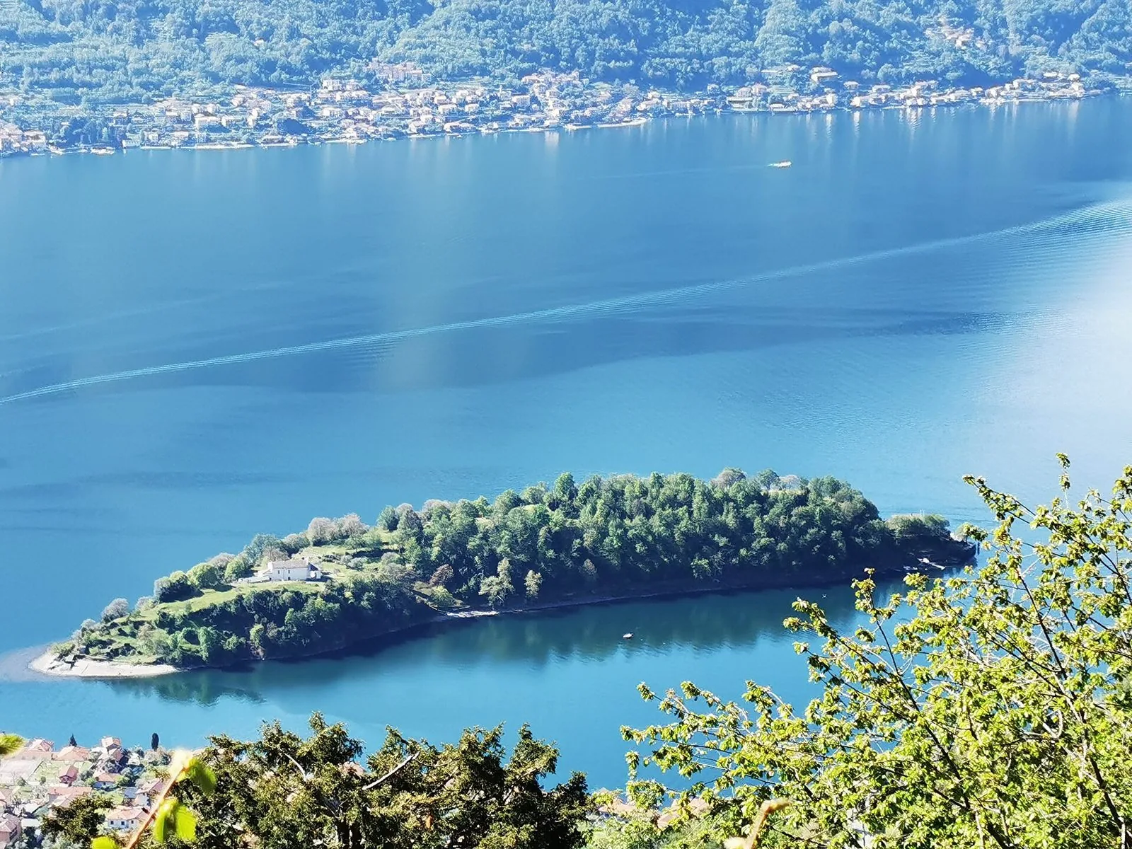 L'Isola Comacina vista dall'alto, verde e boscosa, con una casa bianca tra i prati, circondata dall'acqua azzurra del lago e con i paesi della sponda opposta sullo sfondo